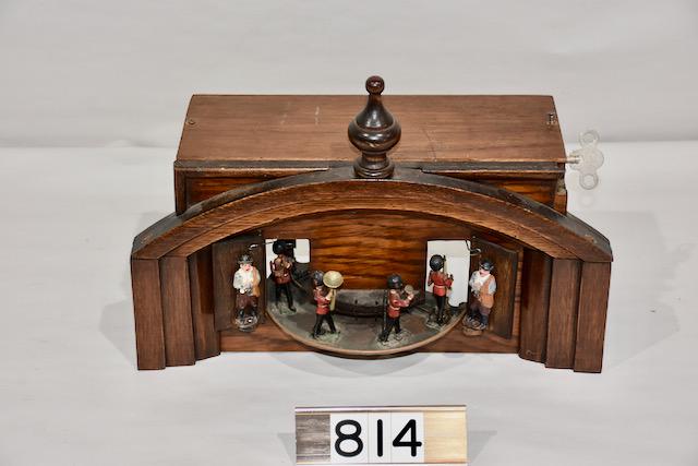Musical Automaton Clock Top with Military Band: The cylinder music box plays with no broken teeth. When the music box plays the figures come out and revolve.