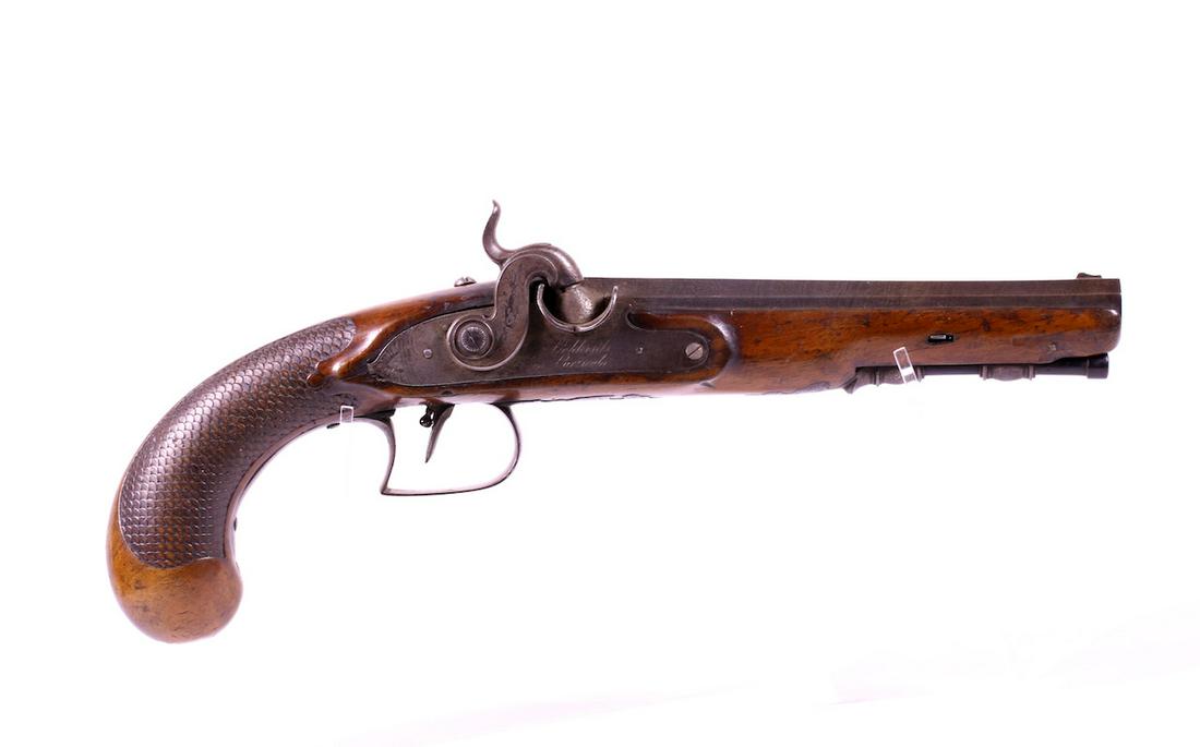 German Percussion Pistol: Marked T. Lichtenfels En Carls Ruhe; Wood with c checkered stock; Raised snake design on side; Octagon barrel; 14" OAL; Dog on trigger guard; Non-functional lock and trigger, and a few cracks