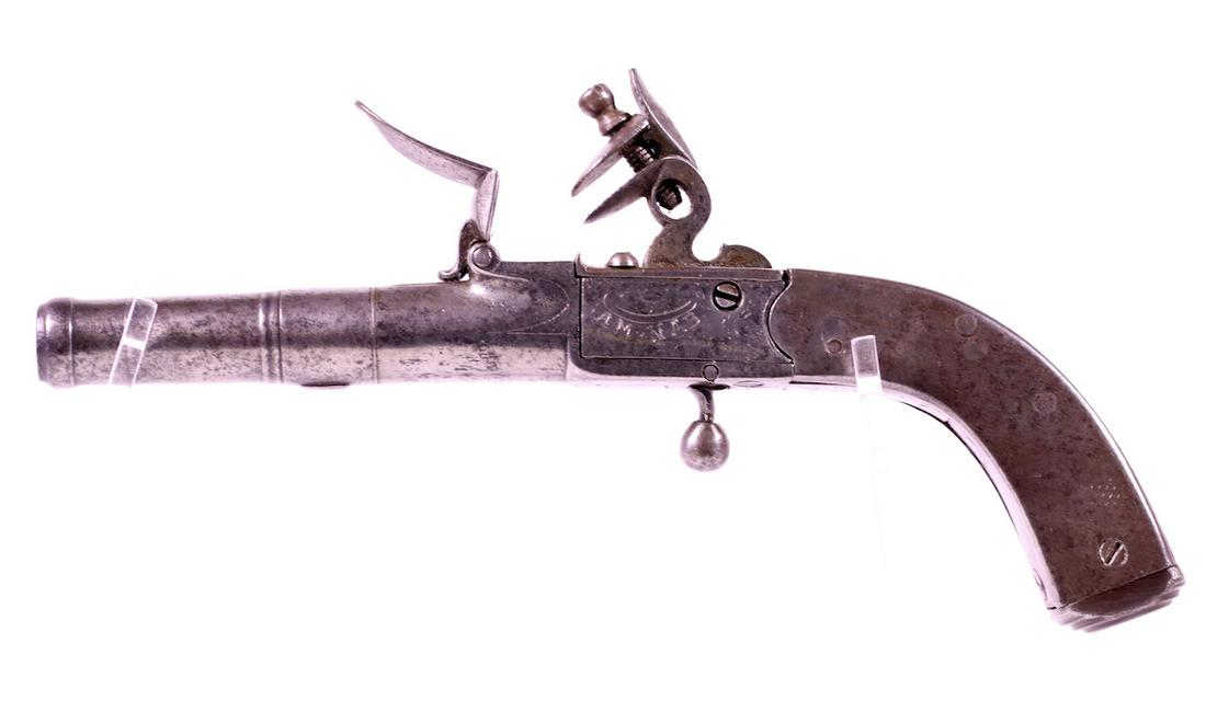 Scottish Flintlock Pistol: Small example; Round steel trigger; Metal belt clip; 5-3/4" OAL; Round barrel; A. McNab Screw barrel pistol (No Wrench); Trigger spring is broken, hammer spring is weak;