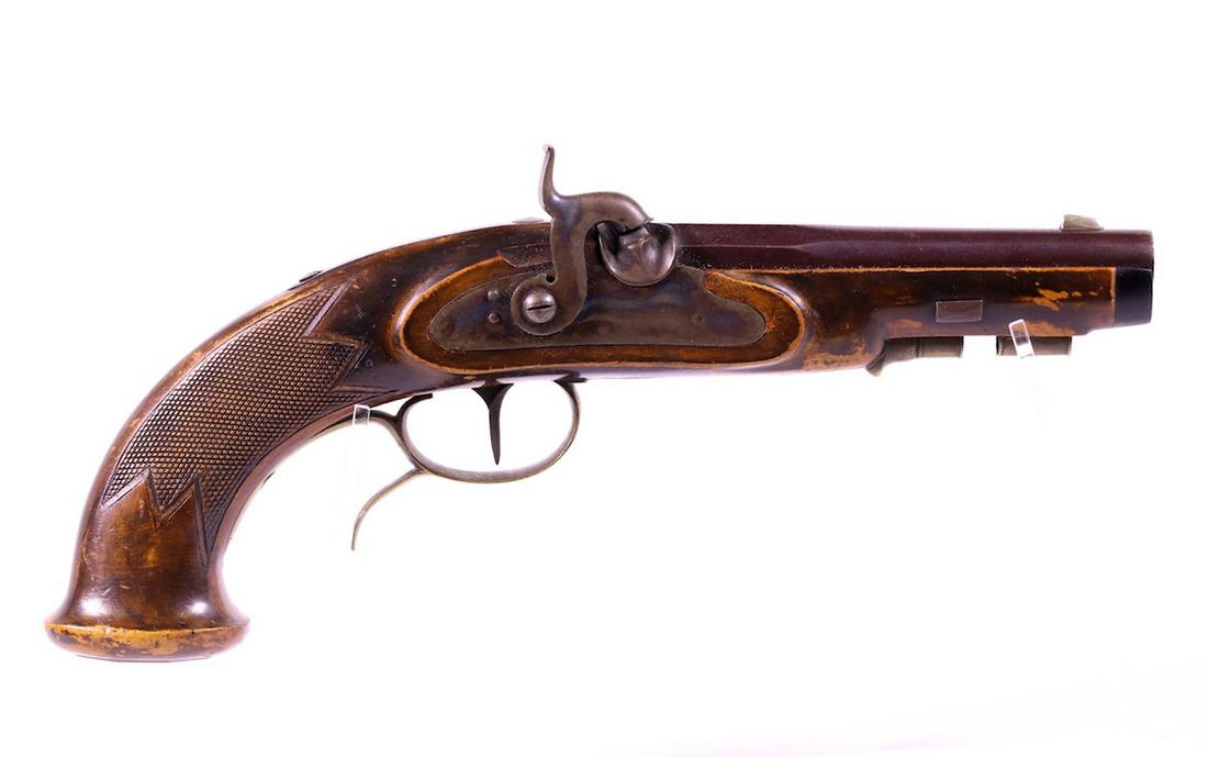 I.P. Sauer Percussion Pistol: I.P. Sauer, Sohn Suhl; Cap lock Percussion Pistol with brass trigger guard; Missing ramrod; 12" OAL;