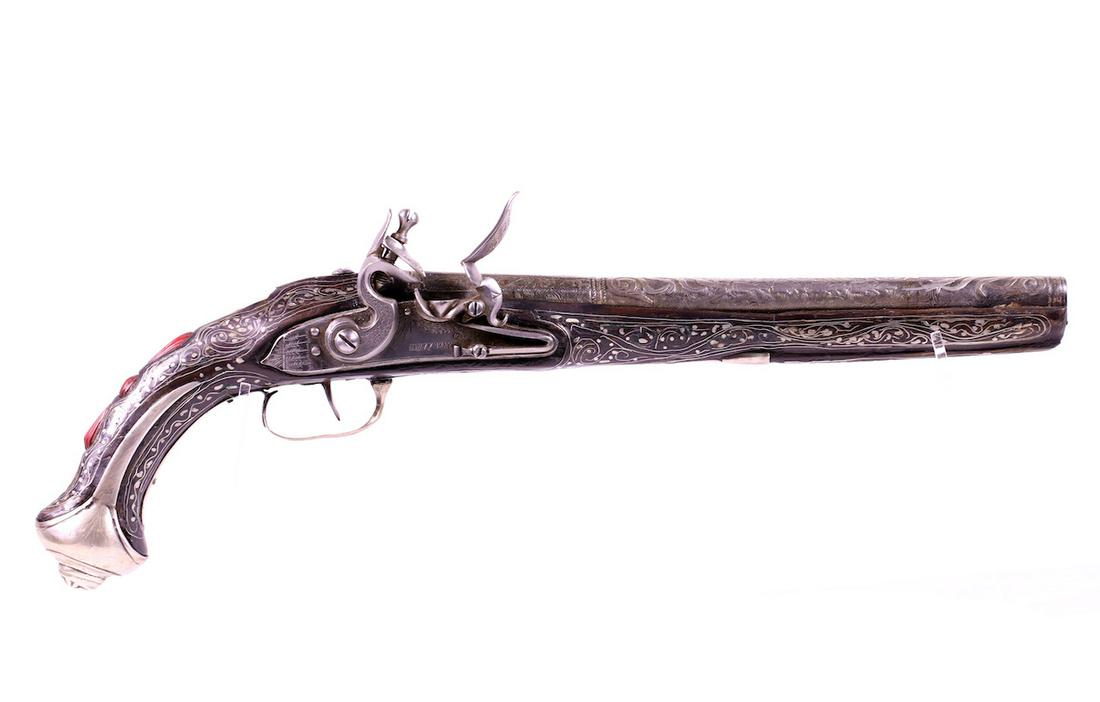 Flintlock Percussion Pistol: Meyer A. Bone; Silver overlay; Red and Pearl-like design on stock; Heavy decoration; Ottoman Influence; 17-1/2" OAL.