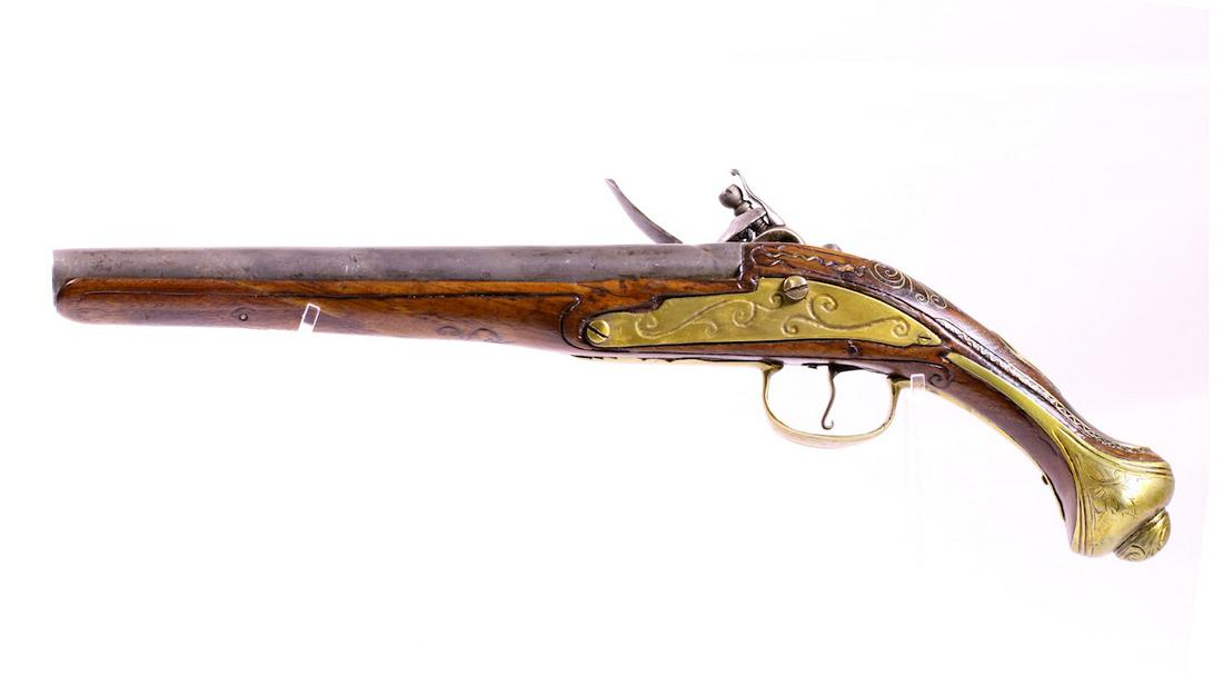 Arabian Style Percussion Pistol: Unknown Maker. Flintlock Percussion Pistol with round barrel; Bras trim; Polished off Proof mark; 15" OAL