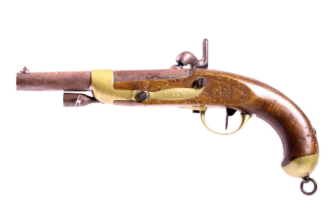 French Percussion Pistol: Mre. Imp de Muzig Cap lock Percussion Pistol; Stamped 1955 Muzig on wood; Brass trigger guard and butt; large bore; 1860's European Military, Military Proofs, #182