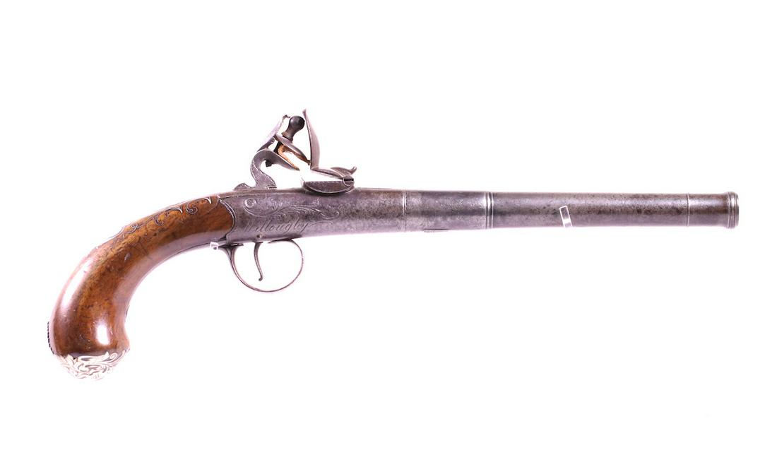 Willoughby Flintlock Percussion Pistol: Marked pistol. Round barrel; Silver design with animal on the butt cap; 15" OAL; Screw barrel; Wire inlay