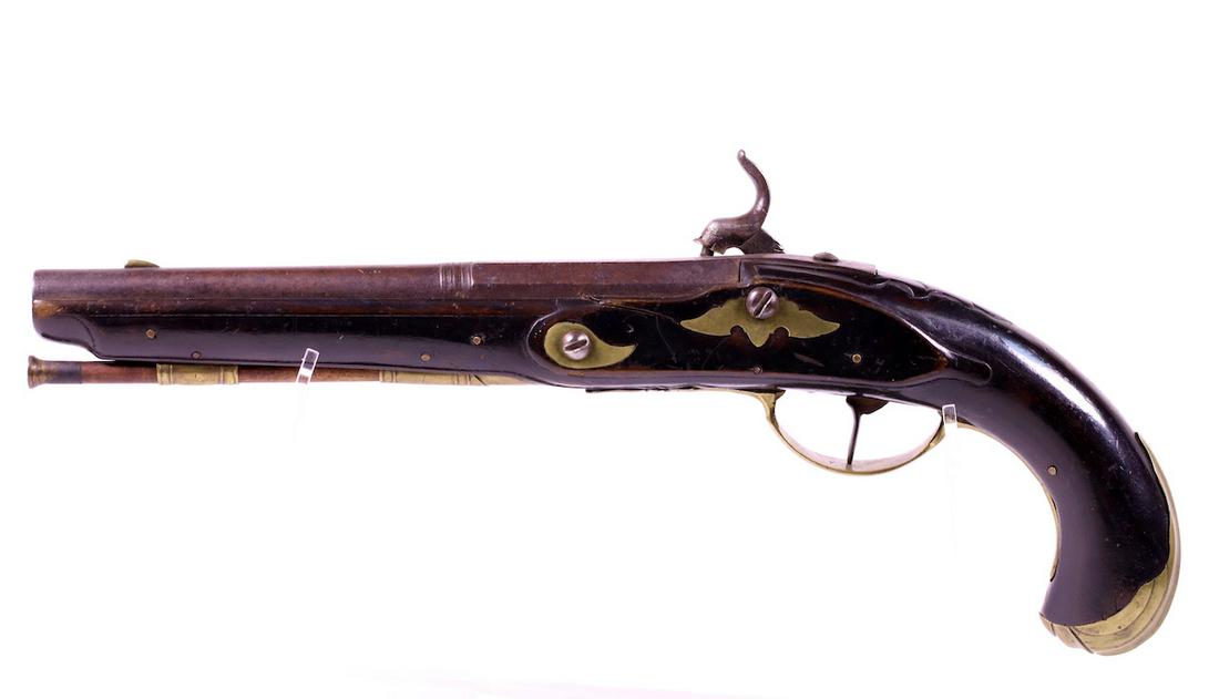 Cap lock Percussion Pistol: Unknown maker; Walnut with bras trim; Has ramrod; 16" OAL;