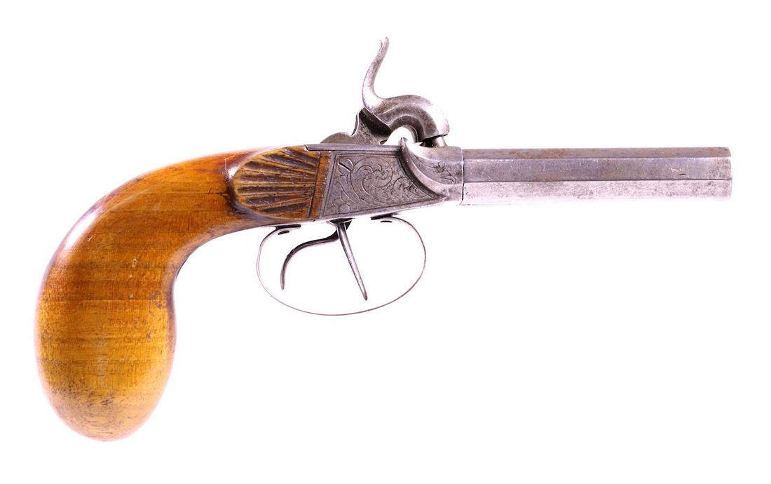 Side x Side Cap lock Percussion Pistol: Unknown Maker; 2 barrel; Marked CL&C on trigger guard; Octagon barrels; Wood Stock; 8" OAL; Screw barrels