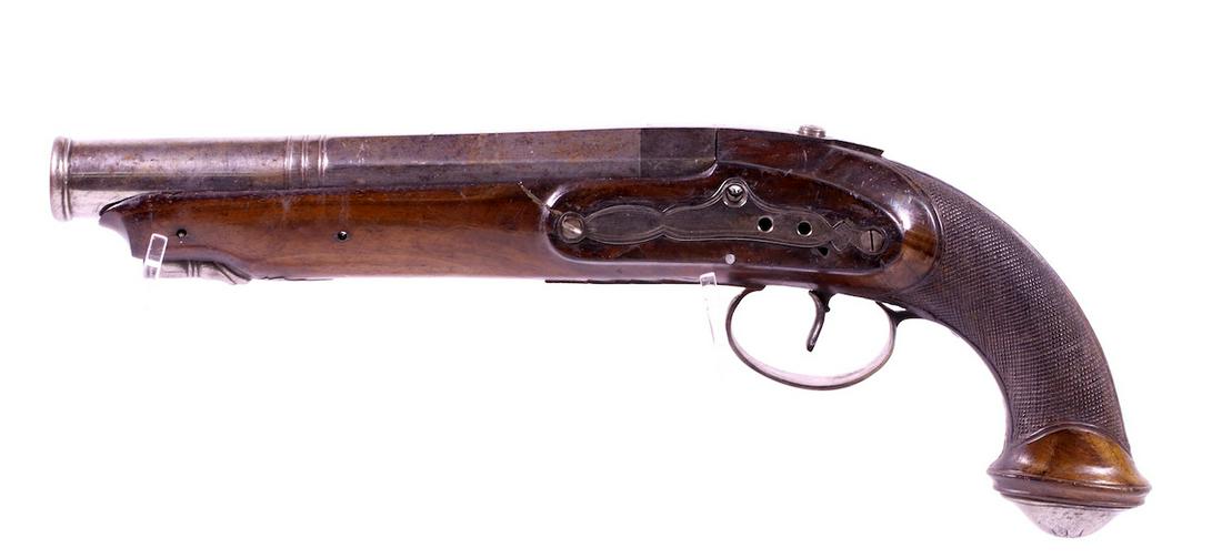 Percussion Cap lock Pistol: Unknown Maker. Parts gun; Walnut checkered frame; Large bore; Round barrel; No ramrod; 12" OAL. Tumbler cracked. Missing belt hook & ramrod
