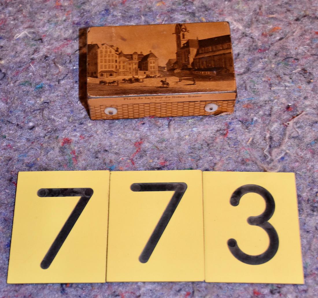 Early Metal Case Snuff Music Box: Pictures a painted scene of Notre Dame on the cover. Excellent movement and comb