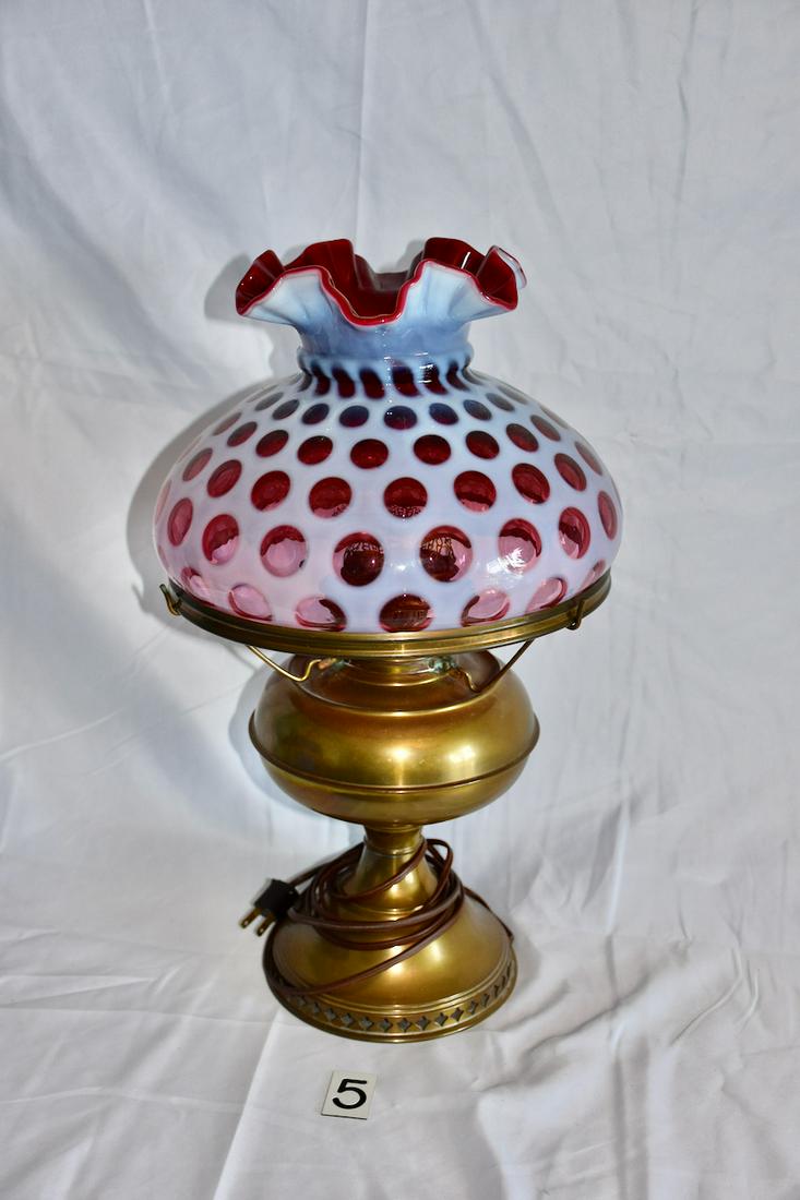 Oil lamp with Cranberry Opalescent shade (1 of 1)