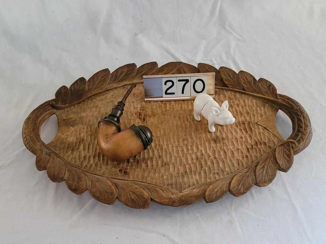 Carved Wood Tray, Ceramic Pig, Card Holder, Early Pipe (1 of 2)