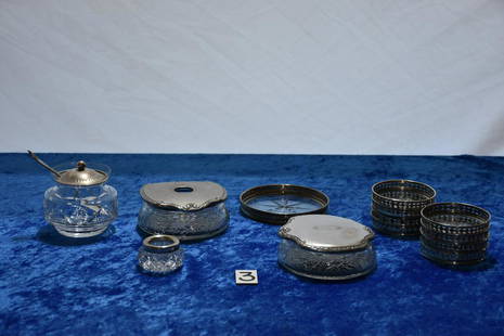 Group of Sterling Pieces: Coaster set, cover dresser box and hair receiver, condiment etc.