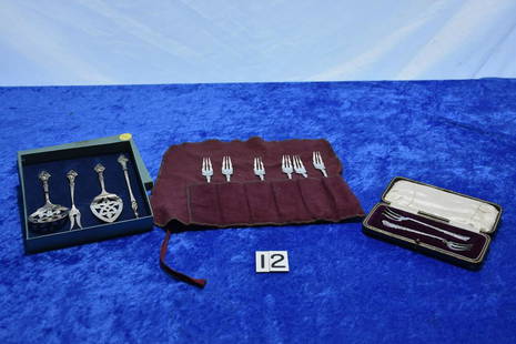 Group of Sterling: 4 Piece Boxes Hordeurve Set,50 grams, 2 Forks set, 20 grams, Set of 6 Rogers silverplate