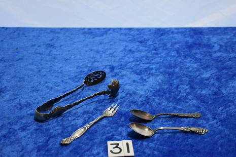 Sterling 4 pieces: Large tongs, enameled spoon, etc. 145 grams