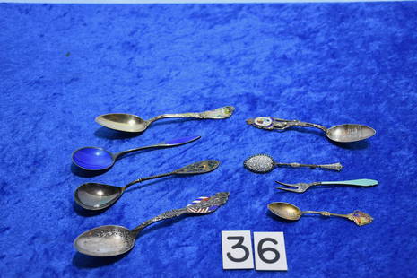 8 Sterling and Enamel spoons: Souvenior example, enamel, guilloche, etc. 155 grams