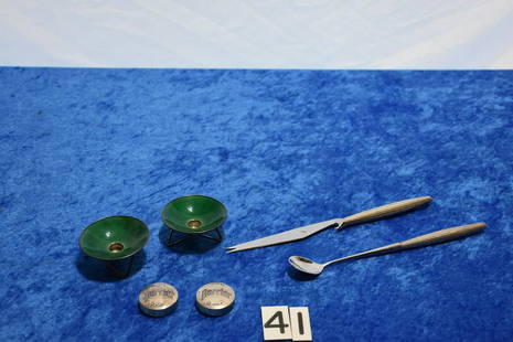 Group of Sterling: 2 Perrier (Cartier) bottle caps, 2 sterling and enamel candle holders, Contempra spoon and knife