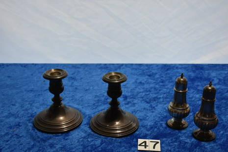 Sterling Candleholders and Shakers: The candleholders are Gorham pattern 659 (weight) and the shakers are FB Rogers Silver Company, pattern 118. The two salt and peppers are 104 grams