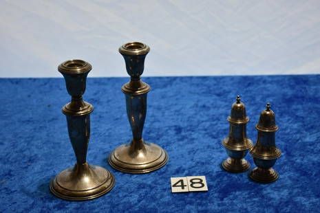 Sterling Weighted Candleholders & Shakers: AMC Sterling weighted candleholders, and the shakers are marked pattern 253. The shakers weigh 59 grams