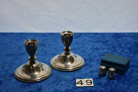 Westmorland Weight Sterling Candleholders & Shakers: T. Muto shakers and Westmorland weighted candleholders