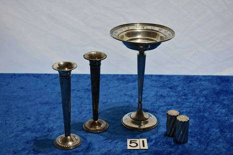 Sterling Vases, tazza, and Shakers: The pair of vases are Rogers weighted pattern 20166, the shakers are Towle 10801, and the Tazza is sterling weighted 2034-2