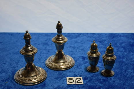 Candleholders and Shakers: Gorham weighted candle holders 1129 with top, and the shakers are Gorham 1138, the shakers weigh 84 grams