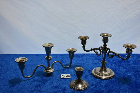 3 Miscellaneous Candleholders: Candleabra top, sterling weighted pattern 25, free standing candleabra is sterling weight pattern 313, candle holder is sterling weighted Duchin Creation