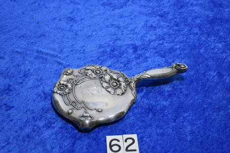 Art Nouveau hand mirror: Sterling. M monogram. Total weight including beveled mirror 419 grams. Unger brothers