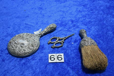 Sterling Ladies Set: Mirror, brush, scissors and brush. Repousse. Sterling