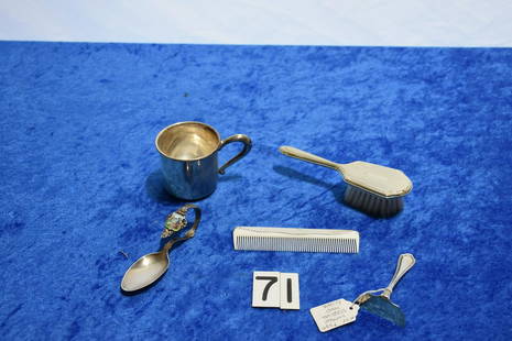Sterling Baby items: Sterling enamel spoon with Mary and lamb, hair brush and comb, cup is Webb sterling 513 and plate scraper