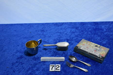 Sterling Baby items: Brush, comb, cup and Little Men and Little Women sterling silver tableware. Cup is Webb sterling