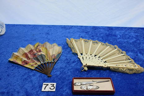 Sterling and Miscellaneous Items: Sterling silver letter opener and bookmark, fancy French fans, and a Le Bas tigre advertising fan