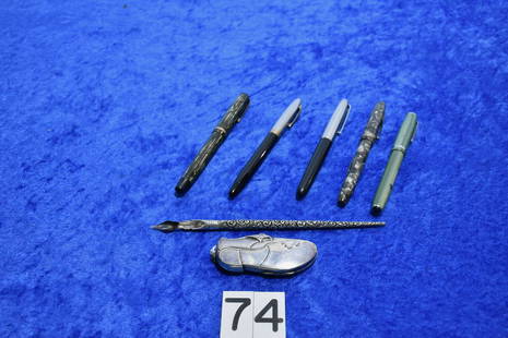 Fountain and Quill Pens & Coin Holder: A shoe shaped sterling coin holder ("An Old Shoe for Good Luck") and the pens