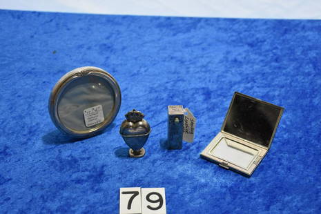 Sterling Grouping: Picture fram, compact, lipstick holder and perfume case with no insert. Total weight 180 grams
