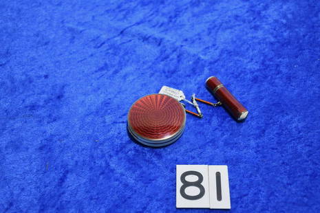 Art Deco Sterling and Guilloche Set: Compact and lipstick and matching chain