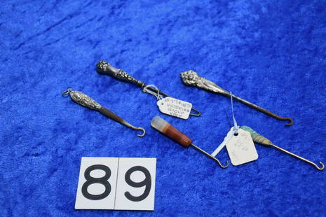 Group of Antique Button hooks: 3 are sterling, one stone and the last is gold filled