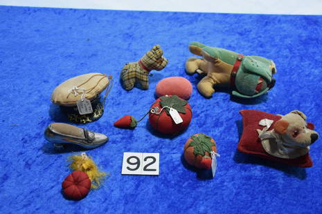 Figural and Various Pin Cushions: 10 total. Included is a sterling shoe