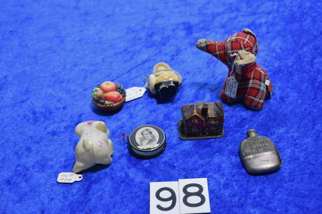Group of Sewing Tape Measures: 7 figural and advertising pieces including Lydia E. Pinkhams, and a I Made Kentucky Famous bottle shaped measure