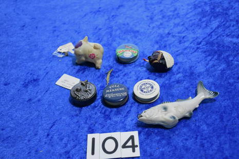 Group of Sewing Tape Measures: 7 total. Unger Brothers Sterling, celluloid advertising, pigs, rabbits, fish, etc.