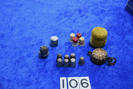 Group of Sewing Thimbles and cases: 15 total pieces. 10 are sterling. The celluloid examples are campaign and Texaco & Filter advertising