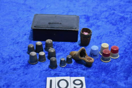 Sewing Thimbles: 8 sterling thimbles, Metal child's, sterling thimble in boot or shoe, and 5 misc. including advertising