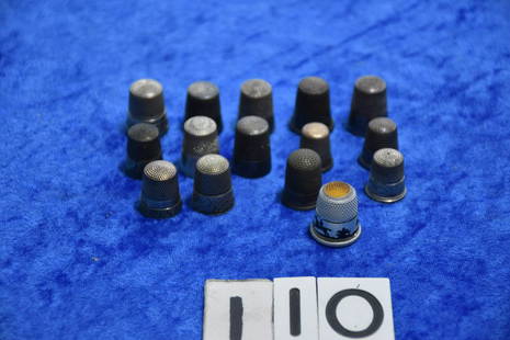 Sewing Thimbles: 13 sterling and one aluminum that is marked WWI with horse and cowboy