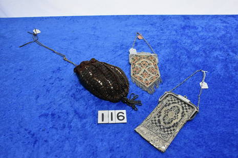 3 Antique Purses: 2 fancy metal purses one with makers tag and a beaded example