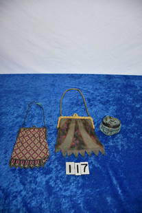 3 Antique Purses: Metal and enamel with draw string top, Art Deco Whiting and Davis, and another Whiting and Davis, etc.