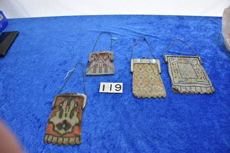 4 Antique Purses: 3 are Whiting and Davis, one unmarked. One needs repair missing the snap on the top