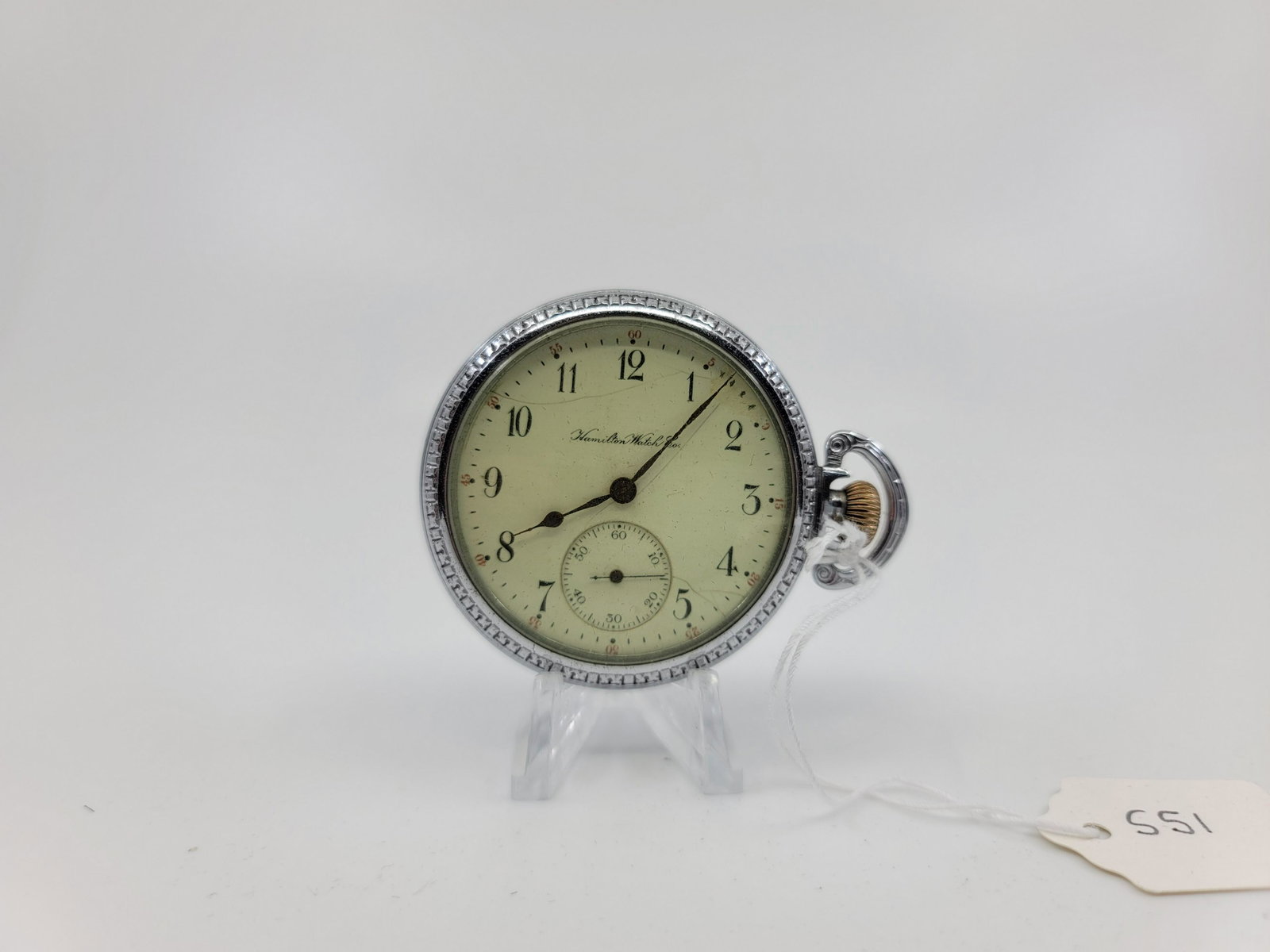 Hamilton Pocket Watch: Keystone open face case, 16s, metal, 17 jewel, model 1, grade 975, Eli Fuller, Port Austin, Michigan