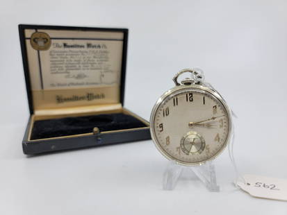 Hamilton Pocket Watch: Wadsworth case Cadillac Logo engraved, open face, 12s, 14kt w, 19 jewel, 5 position, model 2 grade 902, Sunburst dial, all gold white, serialized presentation box