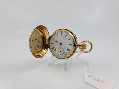 A.W. Co. Pocket Watch: A.W. Co. hunting case, 8s, 18kt, 11 jewel, Model 1873 Riverside, crisp engraving, all gold, mirrored presentation box