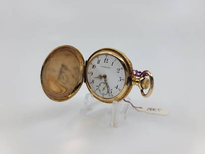 Goodman Brothers Pocket Watch: Keystone case, 0s, 14k, all gold, heavy relief engraving, ornate hands, missing crystal
