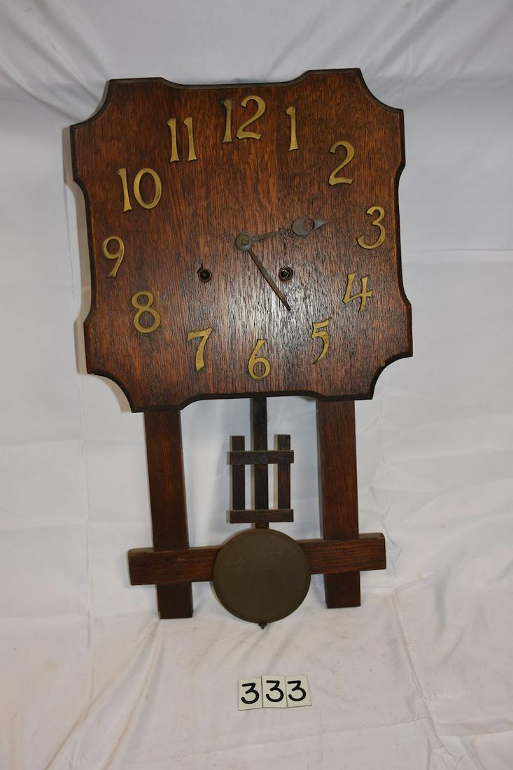 Mission Style Wall Clock: Oak Case. Pendulum with Brass Weight. 25" tall x 13" wide