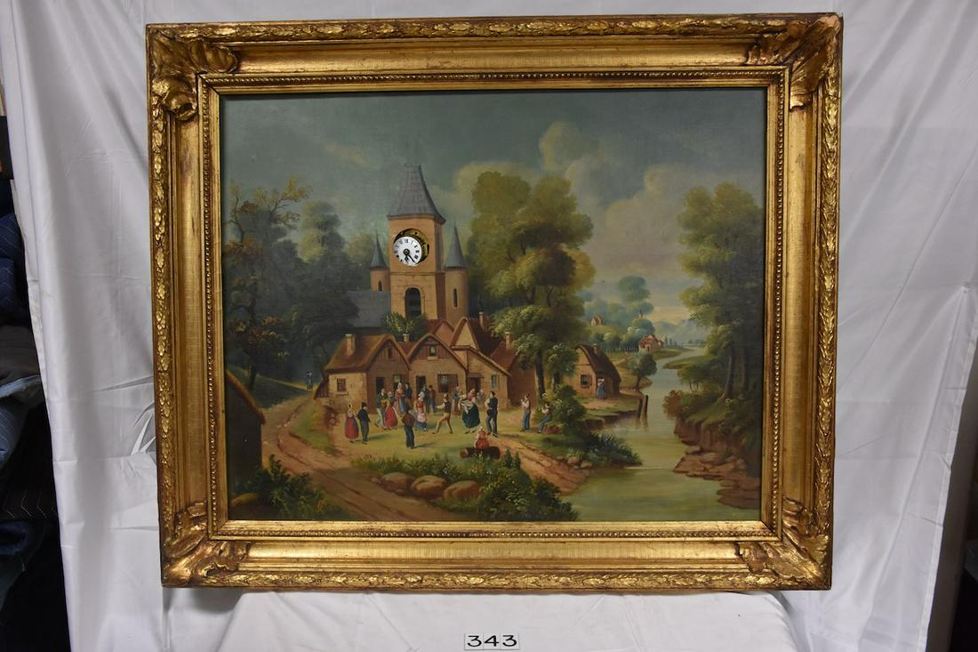 Fantastic Musical Clock Painting: Swiss Cylinder Music Box Mechanism. Mermod Freres Cylinder Music Box. Porcelain Dial clock. 11" cylinder. No broken teeth. 8 tune with tune card. 3 winding keys. Excellent Gold Gilt Frame. 32" x 25-1/