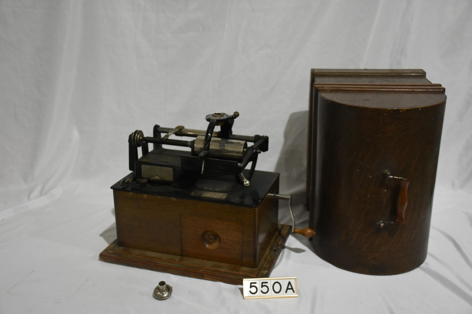 Edison Concert Phonograph: H - 4 minute reproducer. There is an adapter in the carriage to attempt to handle the H reproducer. #C1996. Last Patent 5/31/1898. Has crank and cover.